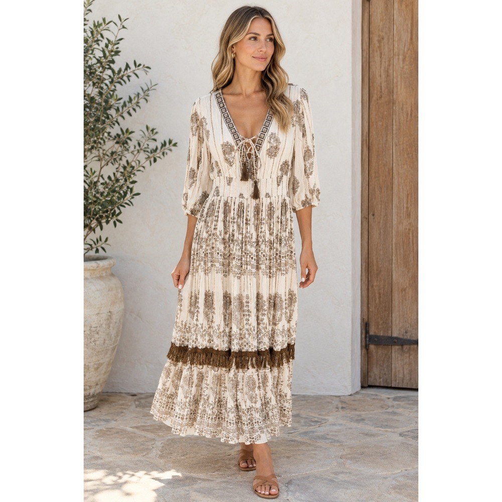 Me 2 Magic Anthropologie Maxi Dress Boho Floral XL White Gold Metallic Tassel